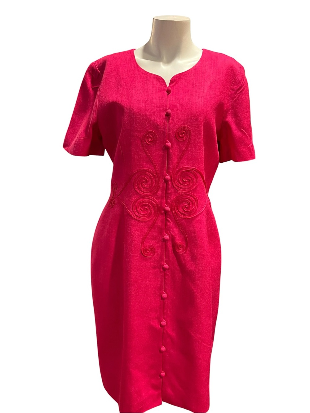 Ann Tobias Fuchsia Button-Front Embroidered Midi Dress